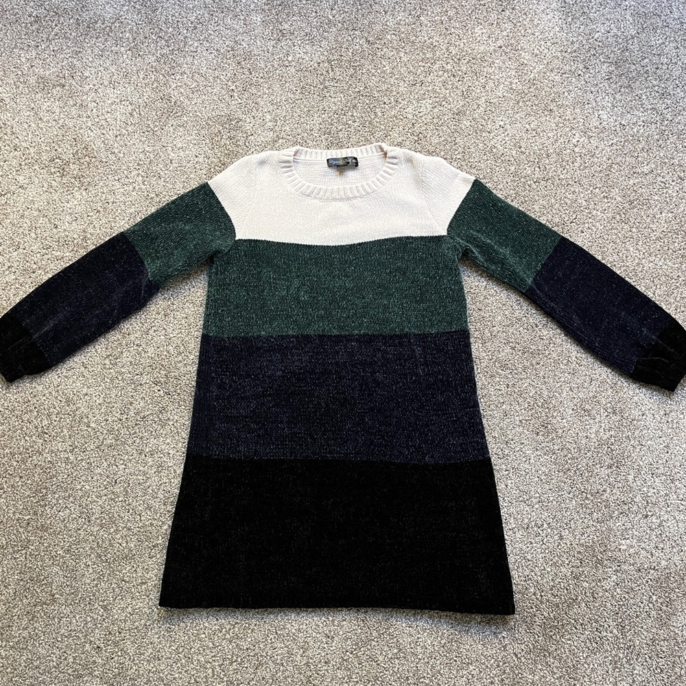 White, Green, Navy, and Black Striped Mini Sweater Dress Women’s Small